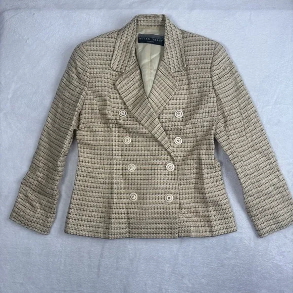 VTG Linda Allard Ellen Tracy Petite Tweed Plaid Silk Suit Jacket Blazer Womens 8 - Picture 3 of 9
